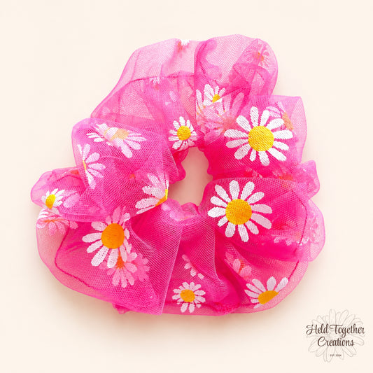 Pink sheer daisy puff scrunchie with white daisy print