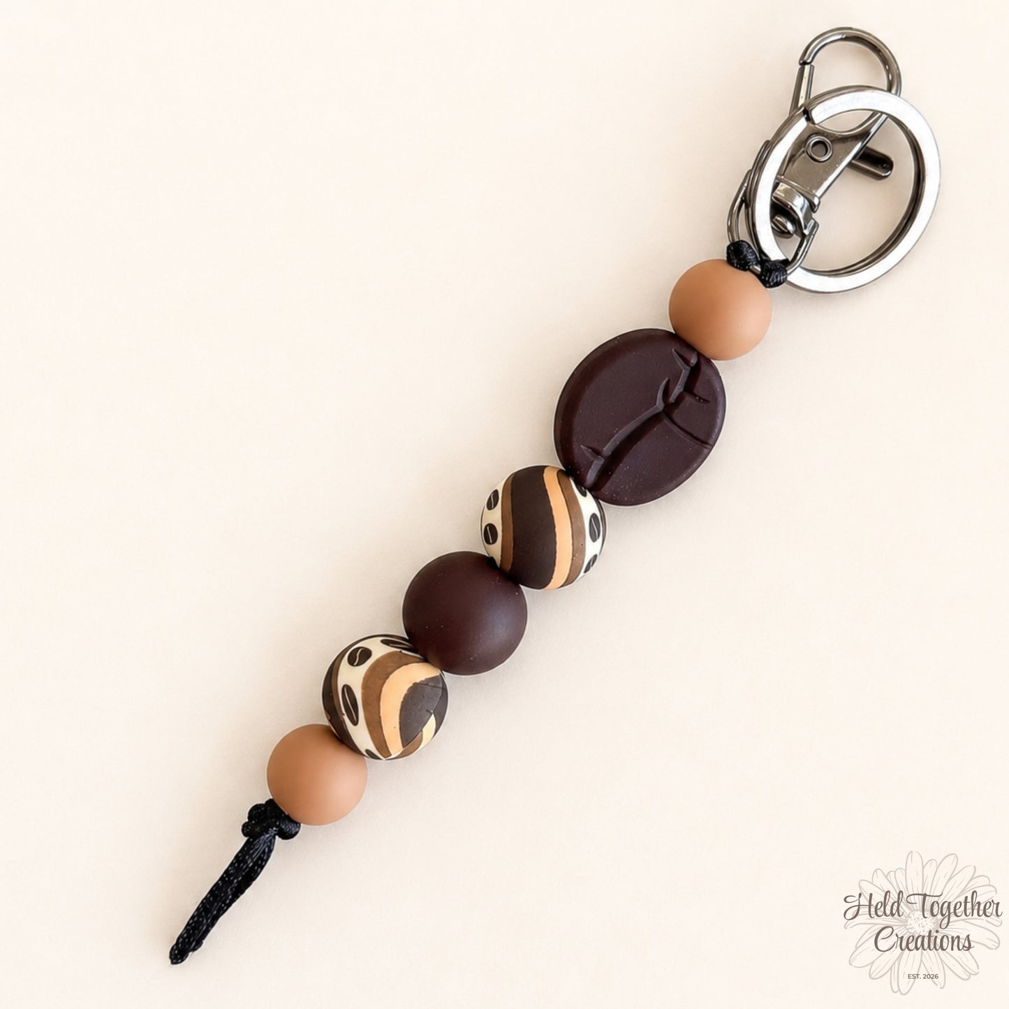 Handmade coffee lover silicone bead keyrings in Coffee Cup and Coffee Bean styles with brown, mocha, cream and latte-toned beads.