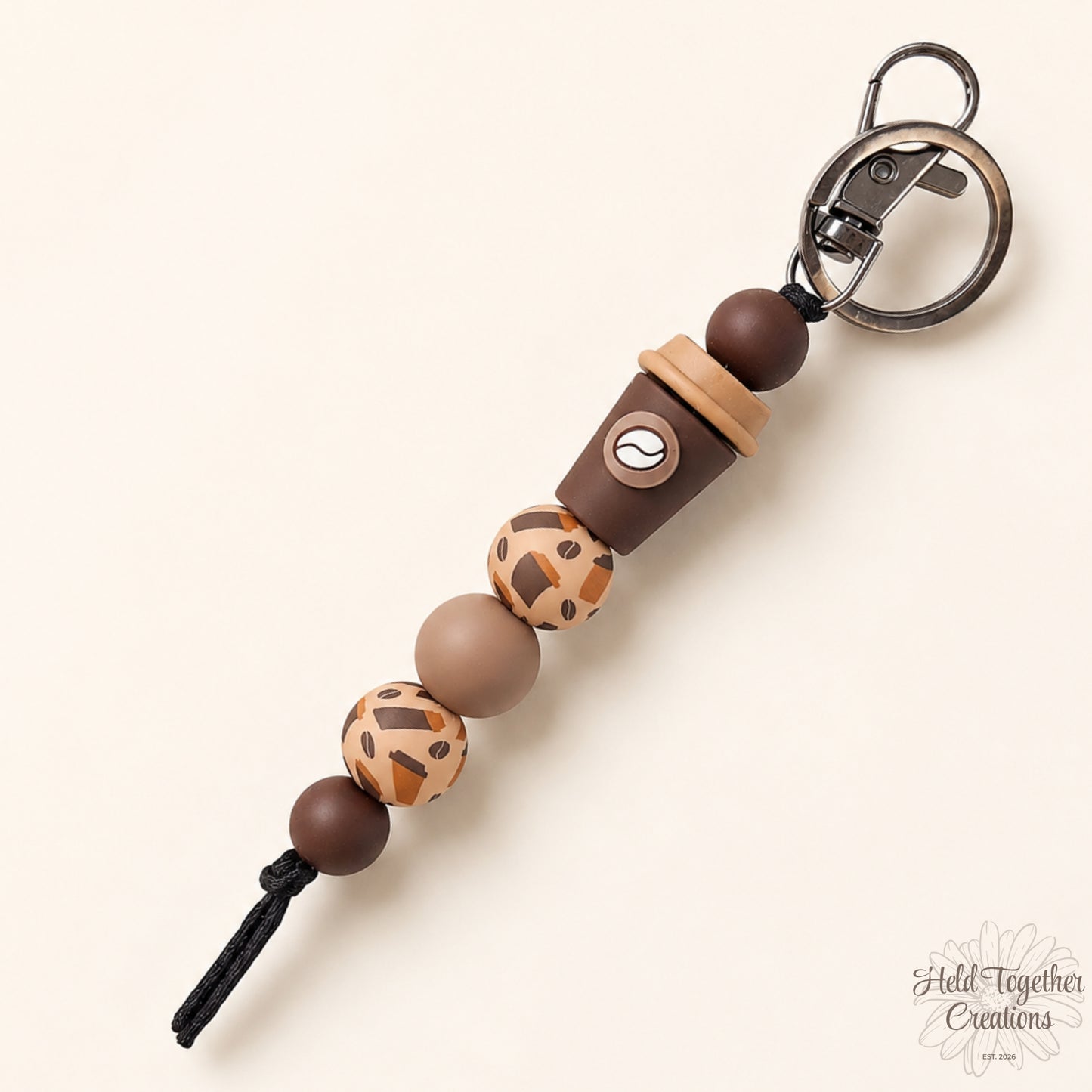 Handmade coffee lover silicone bead keyrings in Coffee Cup and Coffee Bean styles with brown, mocha, cream and latte-toned beads.
