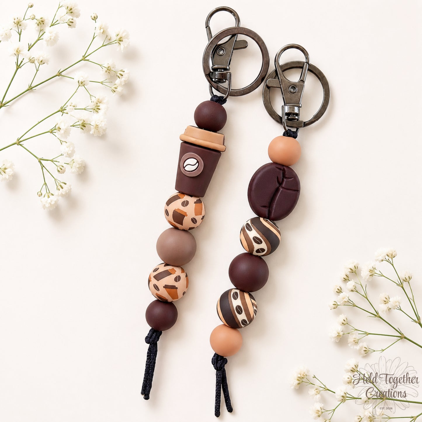Handmade coffee lover silicone bead keyrings in Coffee Cup and Coffee Bean styles with brown, mocha, cream and latte-toned beads.