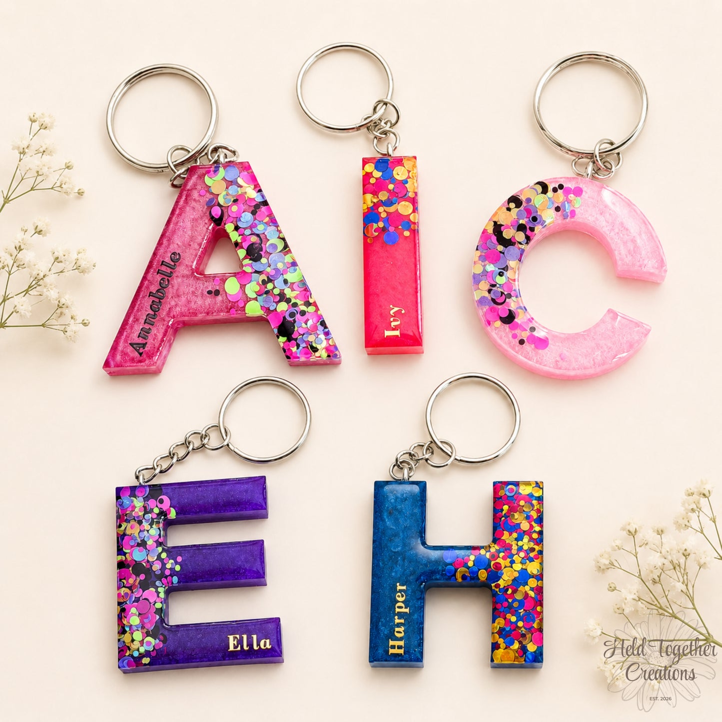 Colourful letter-shaped keychains with confetti details on a marble background
