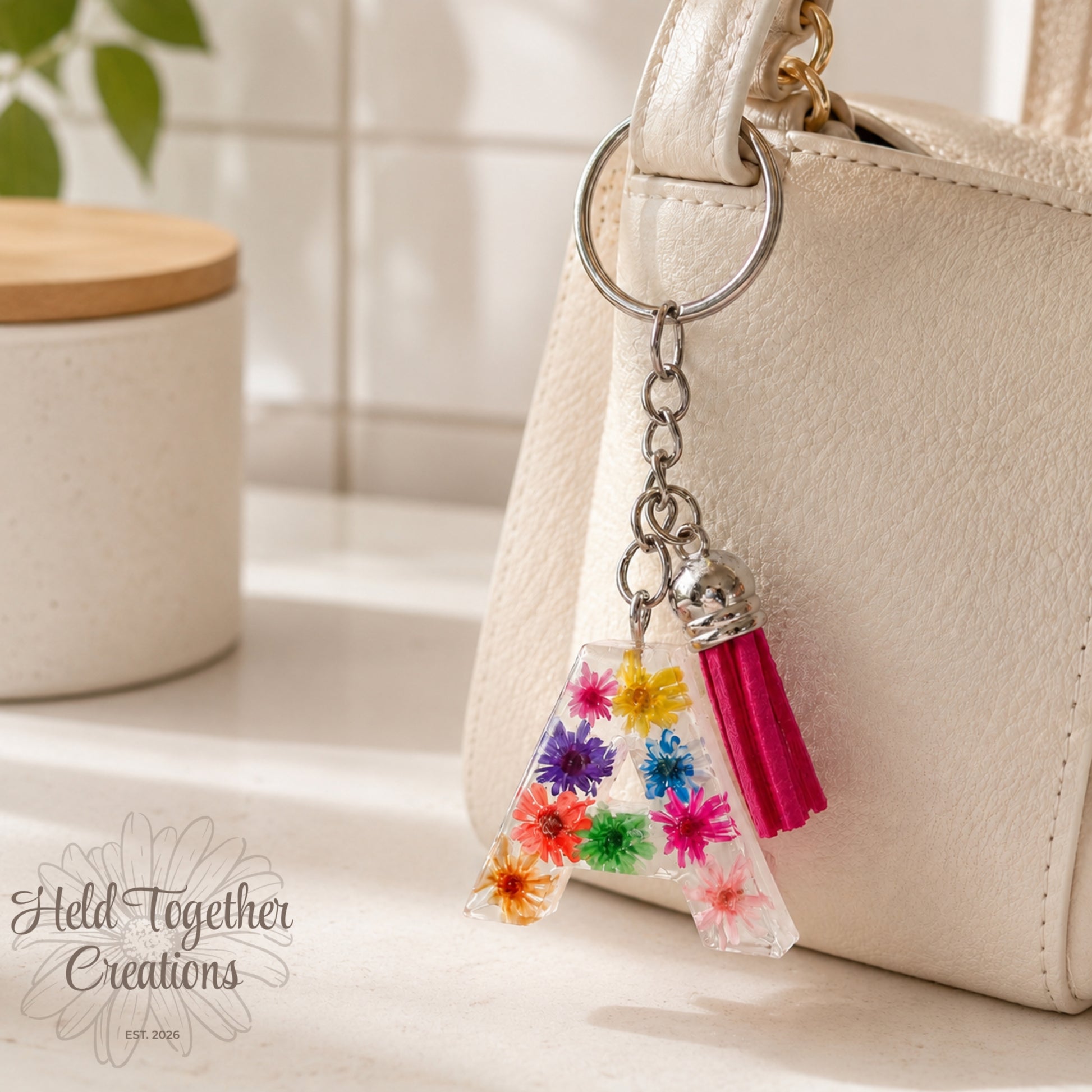 Handmade floral resin initial A keyring with colourful flowers, silver hardware and bright pink tassel on a soft neutral background.
