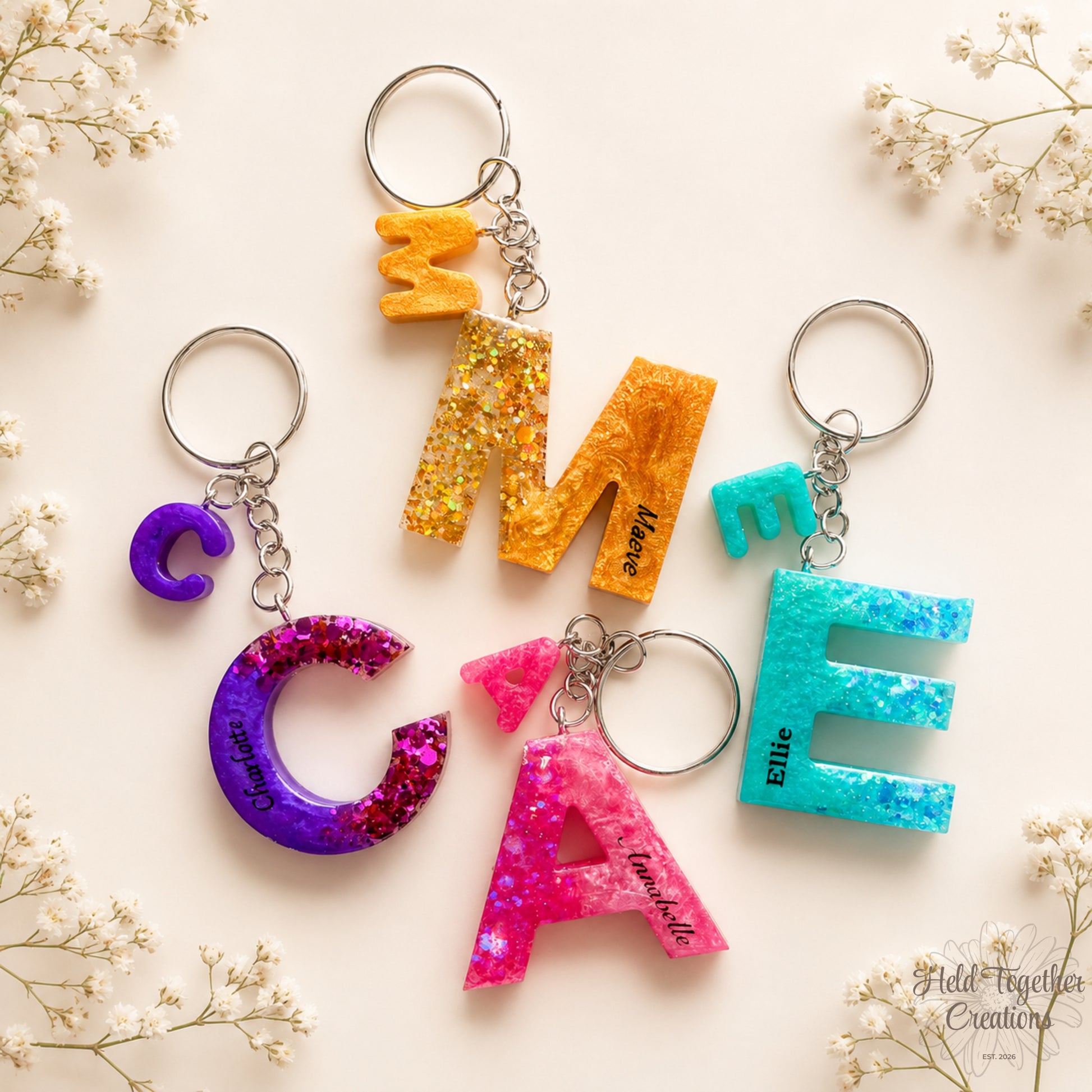 Colourful letter keychains on a light background with flowers