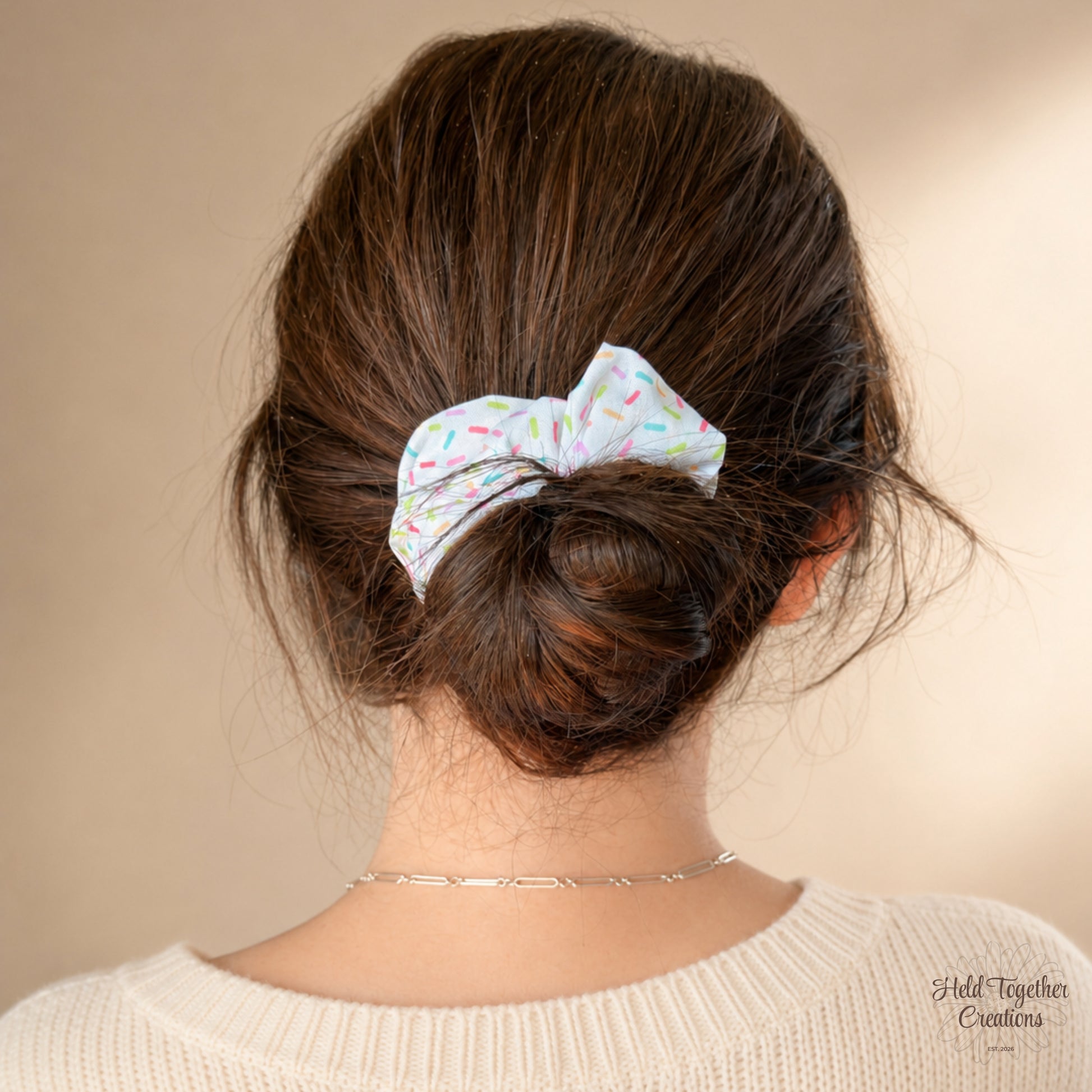 Rainbow Sprinkle Scrunchie styled in a low bun on warm neutral background