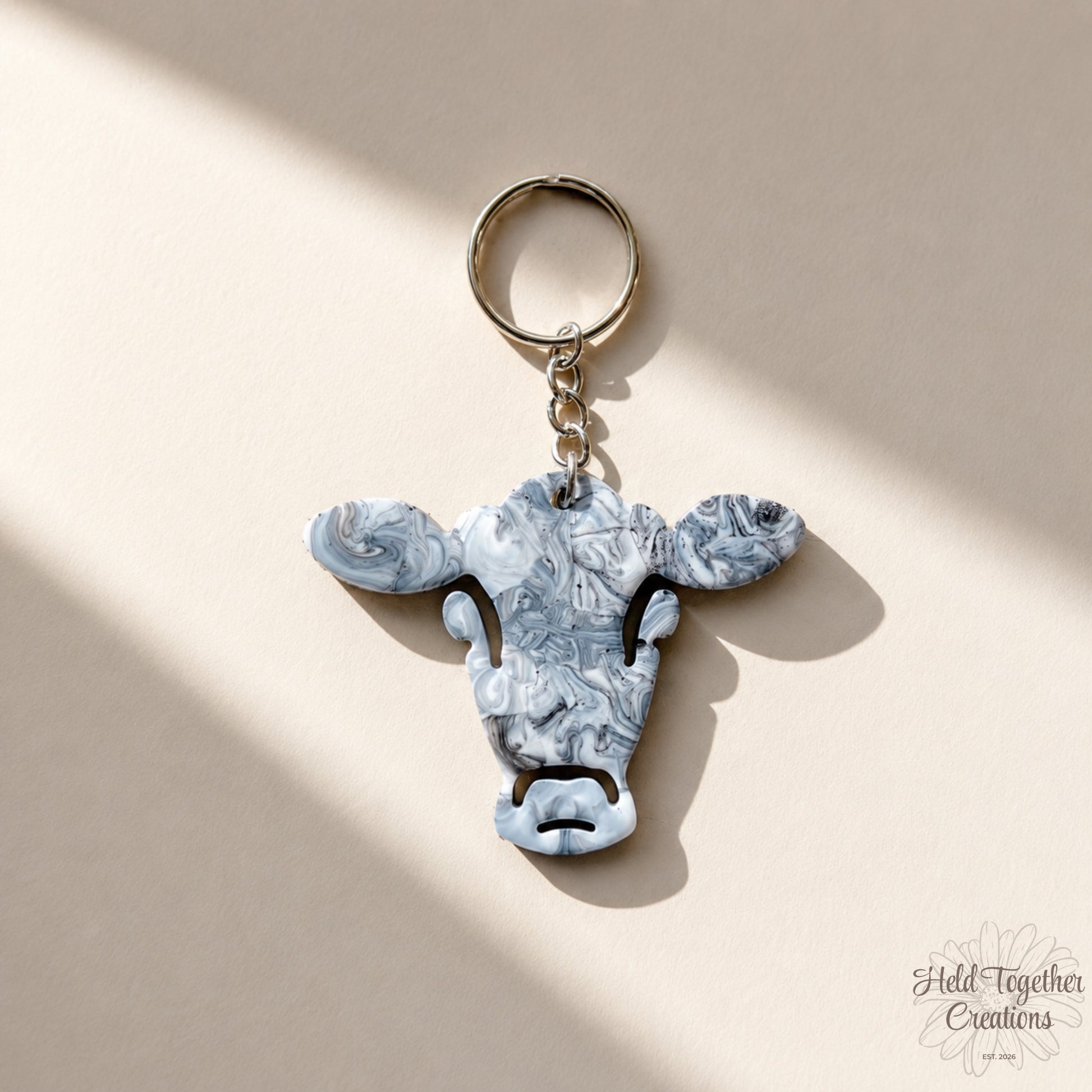 Handmade black, white and grey marble resin cow keyring with silver hardware on a soft neutral background.
