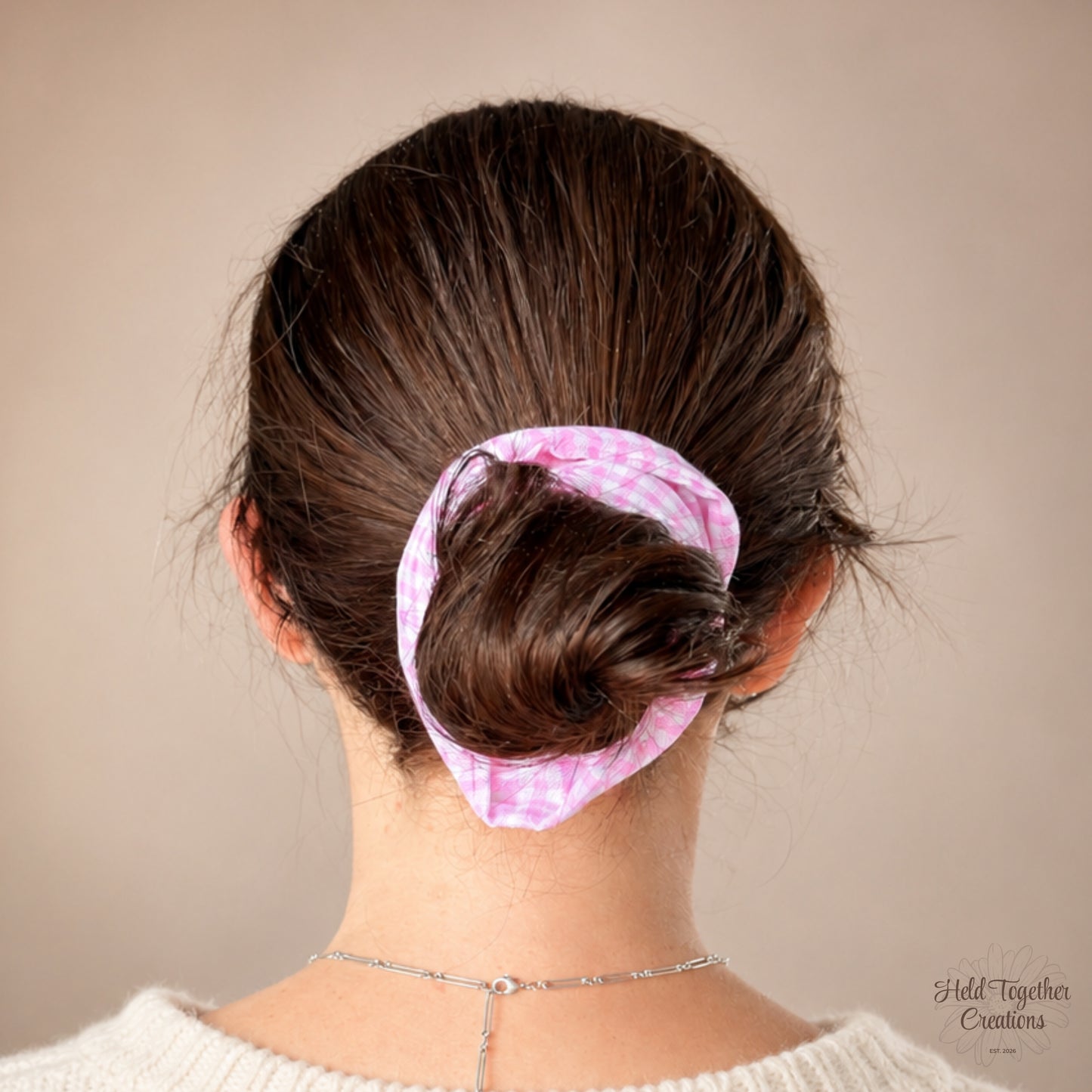 Pink Picnic Scrunchie worn in hair.