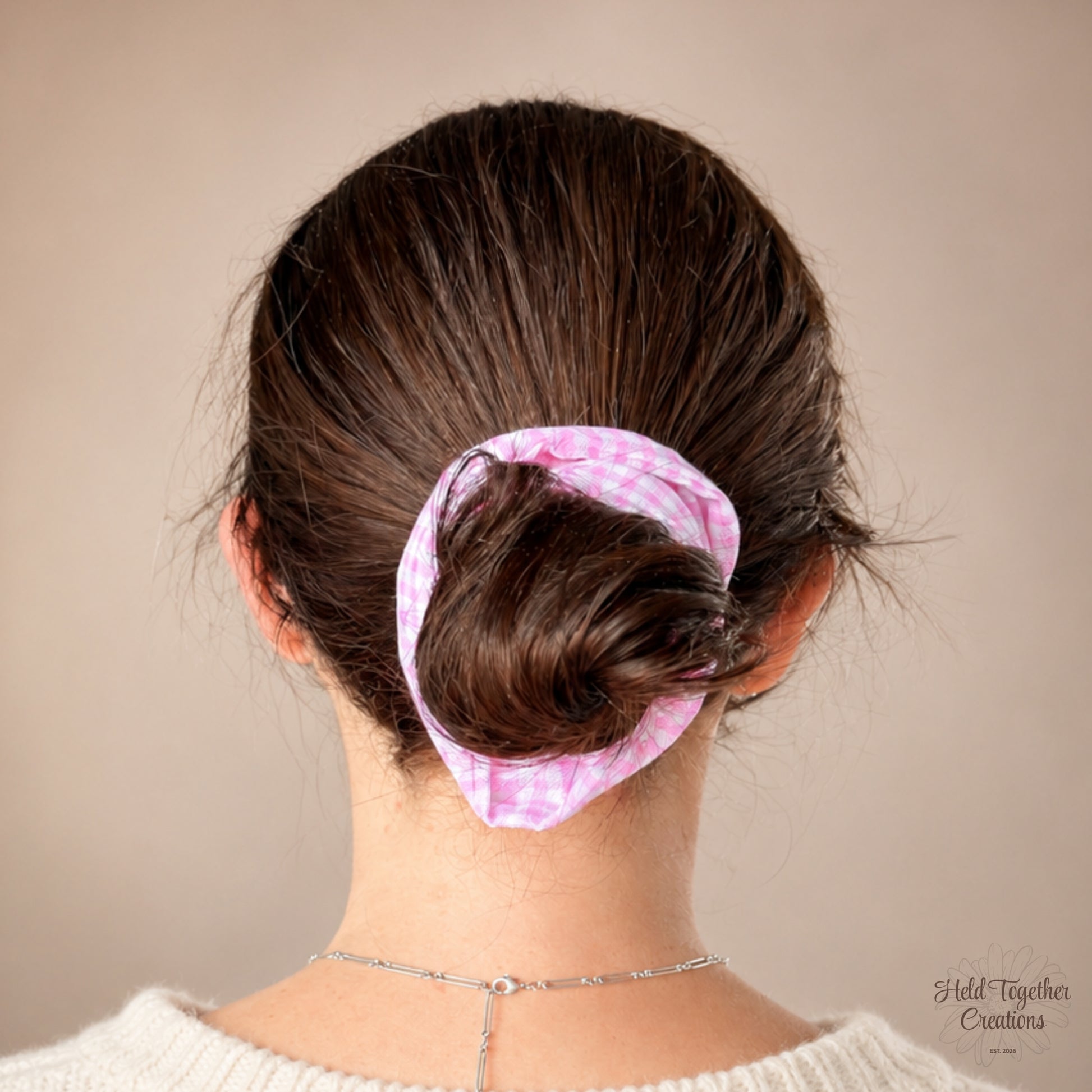 Pink Picnic Scrunchie worn in hair.