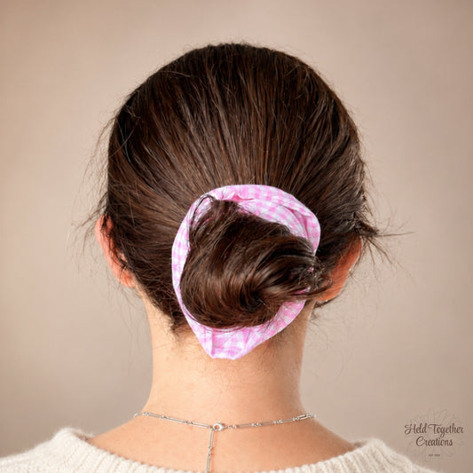 Pink Picnic Scrunchie worn in hair.