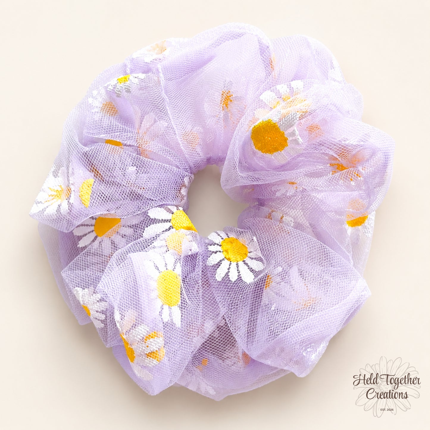 Purple sheer daisy puff scrunchie with white daisy print