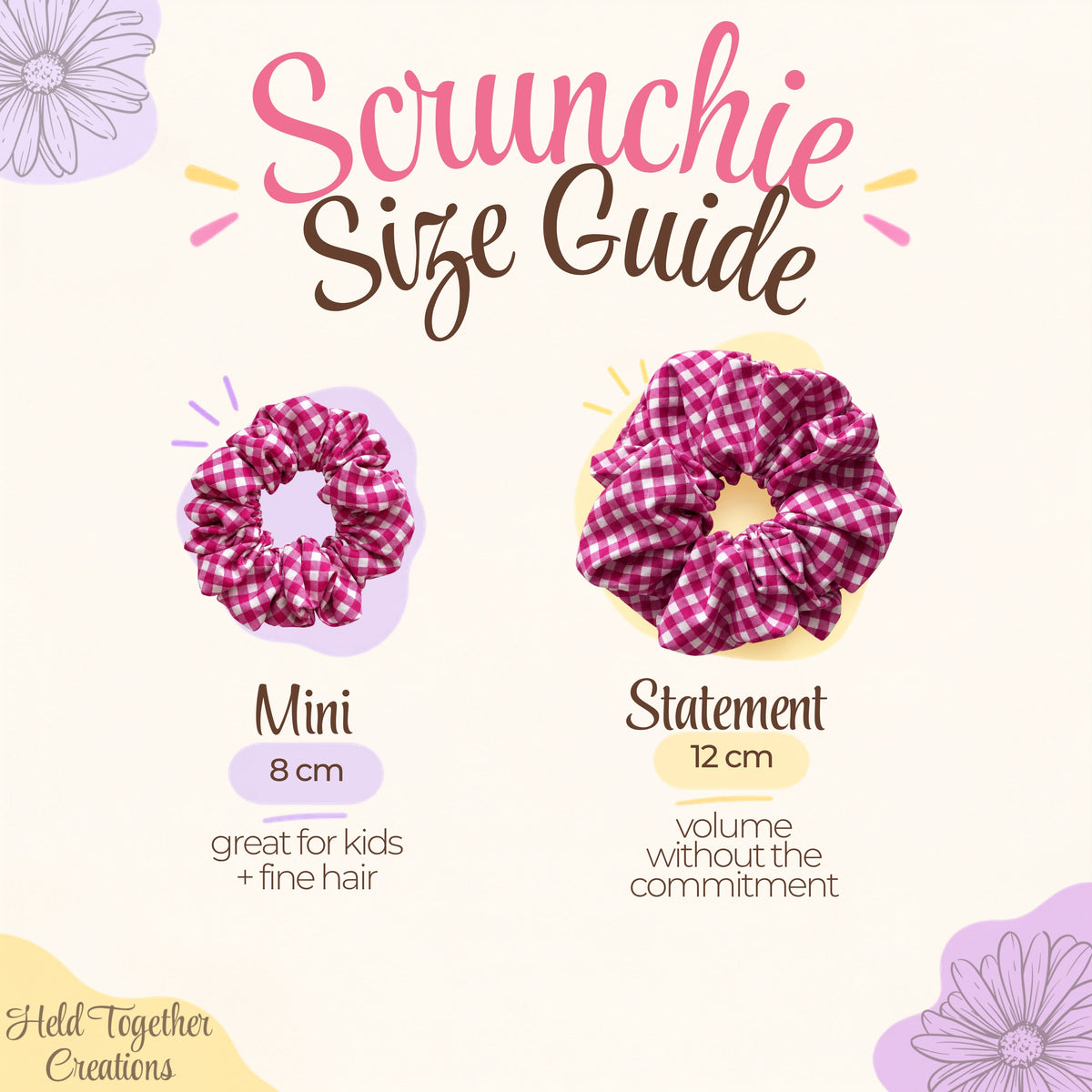 A size guide graphic for scrunchies with the title 'Scrunchie Size Guide' at the top. It shows two gingham scrunchies: a smaller pink-and-white checkered mini size 8 cm and a larger pink-and-white checkered statement size 12 cm.
