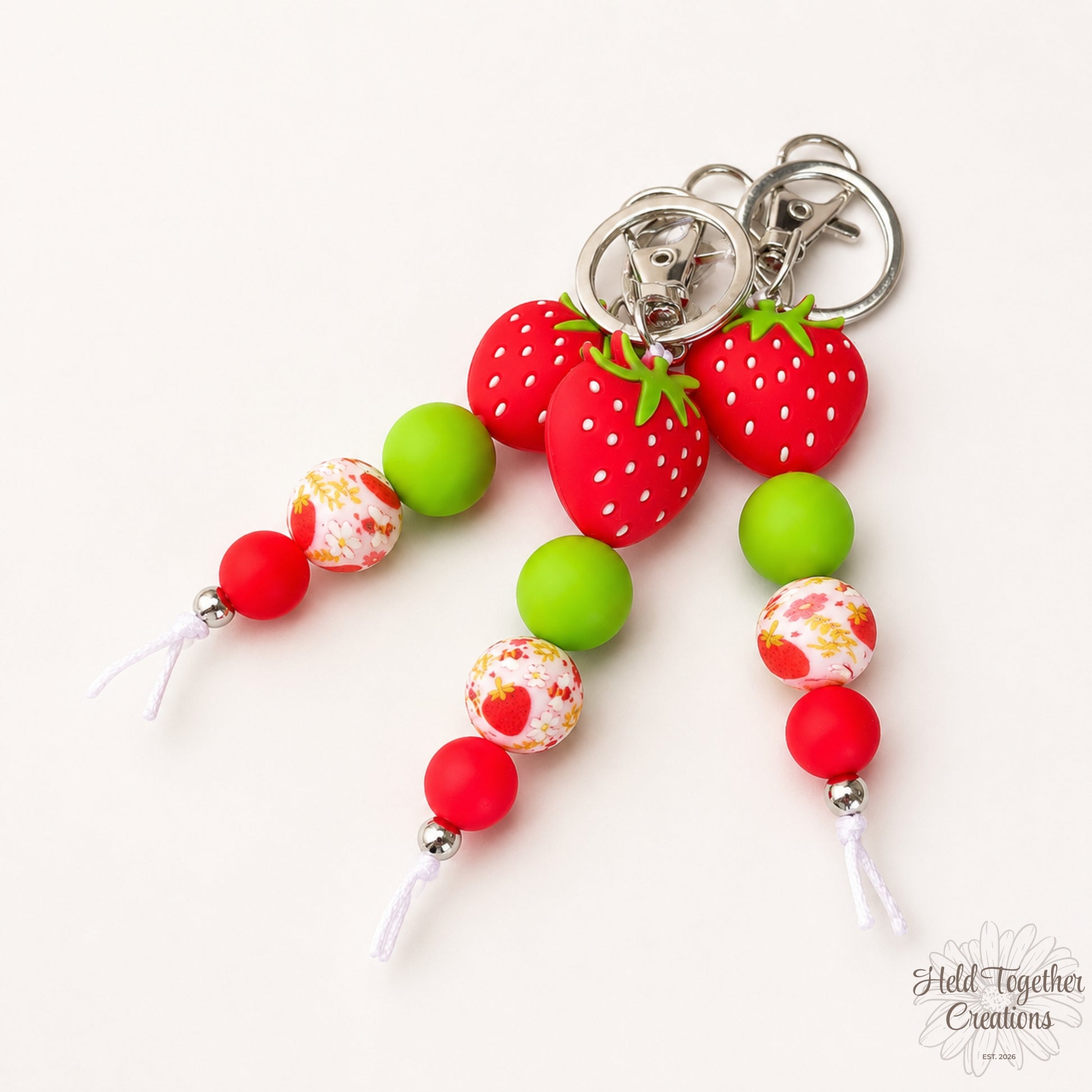 Keychain with strawberry-shaped beads on a white background