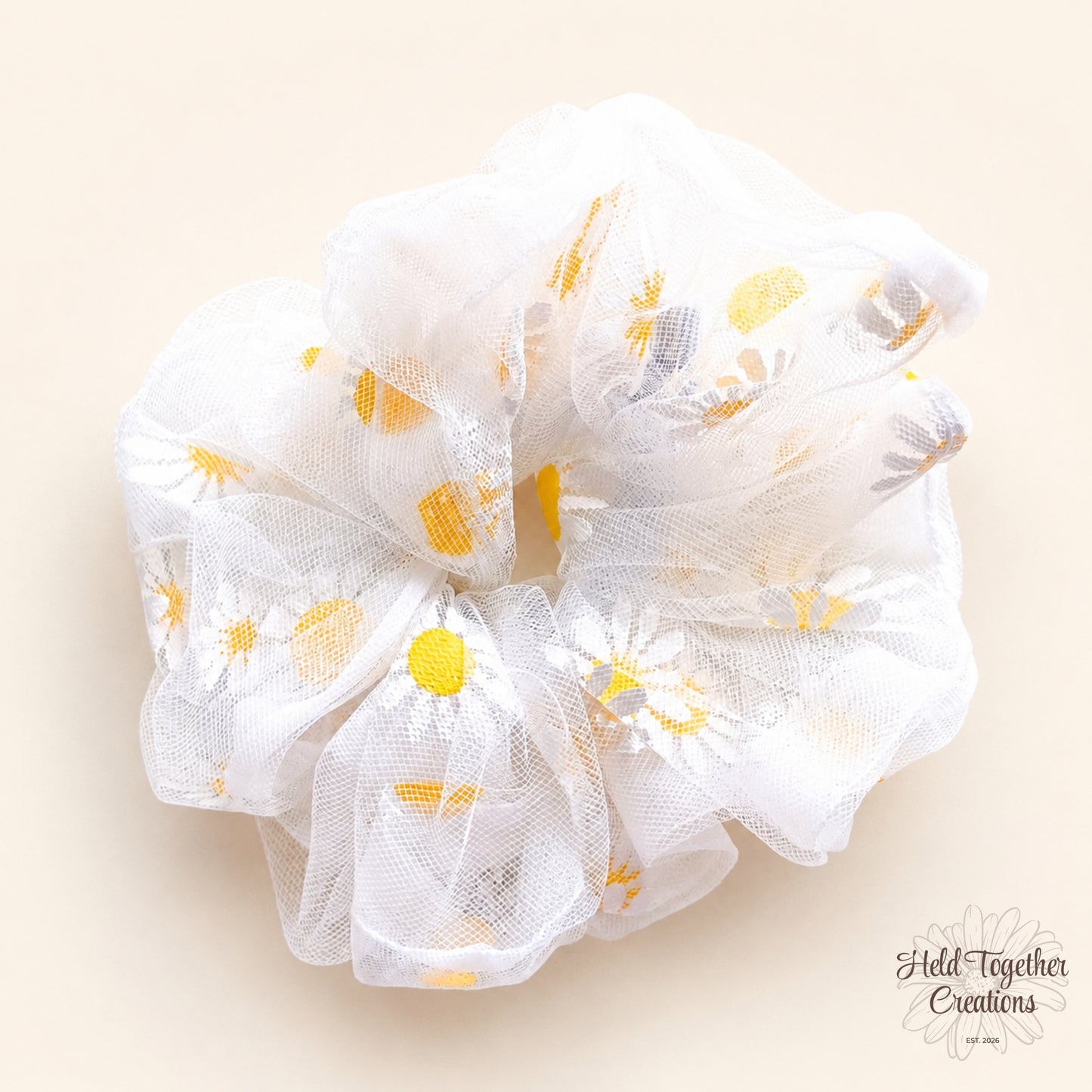 White sheer daisy puff scrunchie with yellow and white daisy print